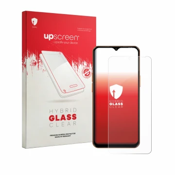 Parte frontal de un envase de producto con el logotipo de la marca upscreen. Al lado se muestra el dispositivo Oscal Flat 3C c