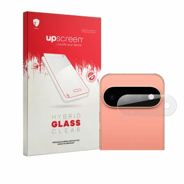 Parte frontal de un envase de producto con el logotipo de la marca upscreen. Al lado se muestra el dispositivo Google Pixel 11