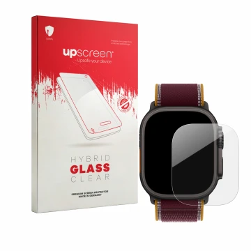 Parte frontal de un envase de producto con el logotipo de la marca upscreen. Al lado se muestra el dispositivo Apple Watch Ult
