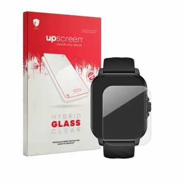 Parte frontal de un envase de producto con el logotipo de la marca upscreen. Al lado se muestra el dispositivo Black Shark GT3