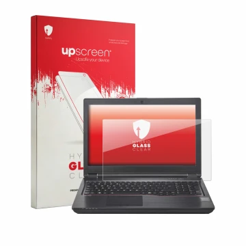 Parte frontal de un envase de producto con el logotipo de la marca upscreen. Al lado se muestra el dispositivo Fujitsu Celsius
