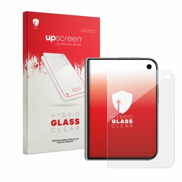 Parte frontal de un envase de producto con el logotipo de la marca upscreen. Al lado se muestra el dispositivo Apple iPhone Du