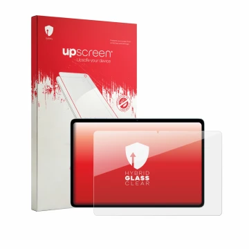Parte frontal de un envase de producto con el logotipo de la marca upscreen. Al lado se muestra el dispositivo Teclast P35 con