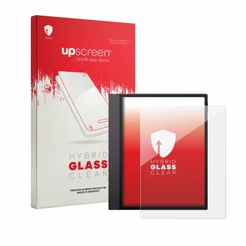 Parte frontal de un envase de producto con el logotipo de la marca upscreen. Al lado se muestra el dispositivo Boox Note Air 6
