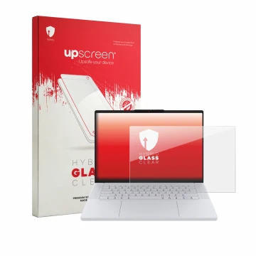 Parte frontal de un envase de producto con el logotipo de la marca upscreen. Al lado se muestra el dispositivo Lenovo Googlebo