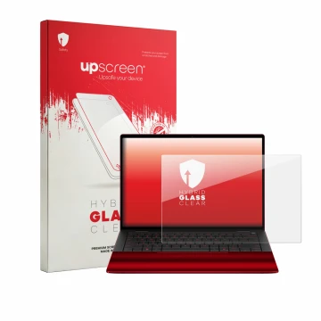 Parte frontal de un envase de producto con el logotipo de la marca upscreen. Al lado se muestra el dispositivo HP Scuderia Fer