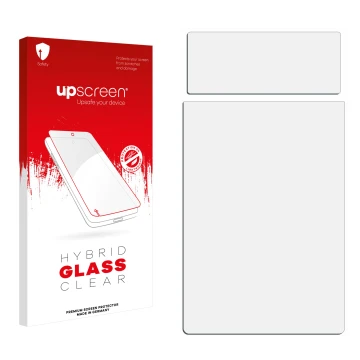 Parte frontal de un envase de producto con el logotipo de la marca upscreen. Al lado está el protector de pantalla correspondi