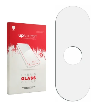 Parte frontal de un envase de producto con el logotipo de la marca upscreen. Al lado está el protector de pantalla correspondi