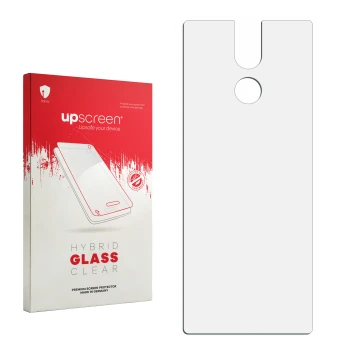 Parte frontal de un envase de producto con el logotipo de la marca upscreen. Al lado está el protector de pantalla correspondi