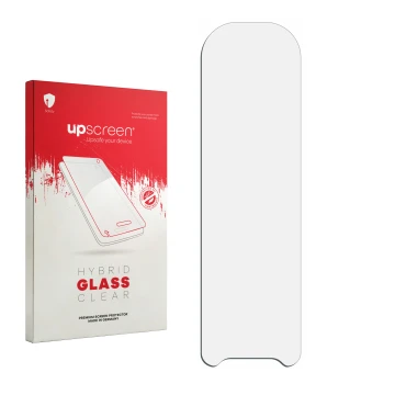 Parte frontal de un envase de producto con el logotipo de la marca upscreen. Al lado está el protector de pantalla correspondi