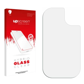 Parte frontal de un envase de producto con el logotipo de la marca upscreen. Al lado está el protector de pantalla correspondi