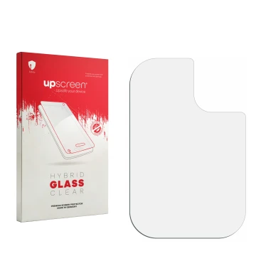 Parte frontal de un envase de producto con el logotipo de la marca upscreen. Al lado está el protector de pantalla correspondi
