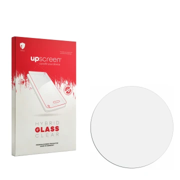 Parte frontal de un envase de producto con el logotipo de la marca upscreen. Al lado está el protector de pantalla correspondi