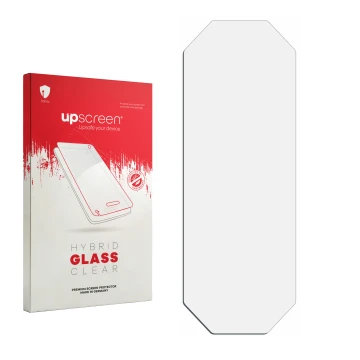 Parte frontal de un envase de producto con el logotipo de la marca upscreen. Al lado está el protector de pantalla correspondi