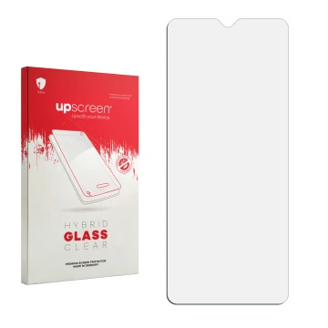 Parte frontal de un envase de producto con el logotipo de la marca upscreen. Al lado está el protector de pantalla correspondi