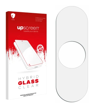 Parte frontal de un envase de producto con el logotipo de la marca upscreen. Al lado está el protector de pantalla correspondi