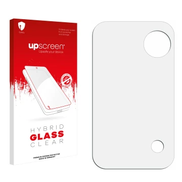 Parte frontal de un envase de producto con el logotipo de la marca upscreen. Al lado está el protector de pantalla correspondi