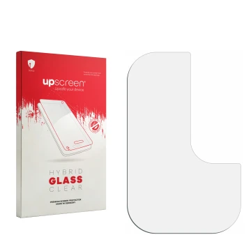 Parte frontal de un envase de producto con el logotipo de la marca upscreen. Al lado está el protector de pantalla correspondi