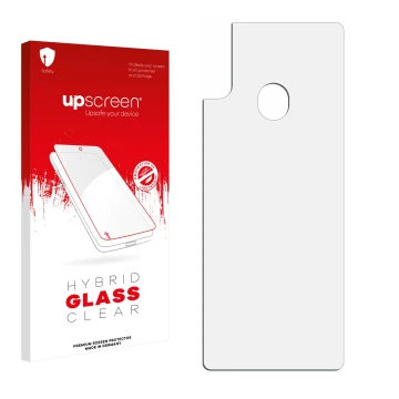 Parte frontal de un envase de producto con el logotipo de la marca upscreen. Al lado está el protector de pantalla correspondi
