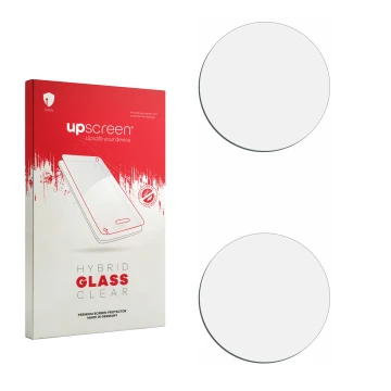 Parte frontal de un envase de producto con el logotipo de la marca upscreen. Al lado está el protector de pantalla correspondi