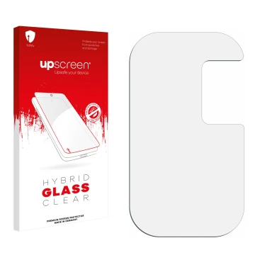 Parte frontal de un envase de producto con el logotipo de la marca upscreen. Al lado está el protector de pantalla correspondi