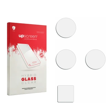 Parte frontal de un envase de producto con el logotipo de la marca upscreen. Al lado está el protector de pantalla correspondi