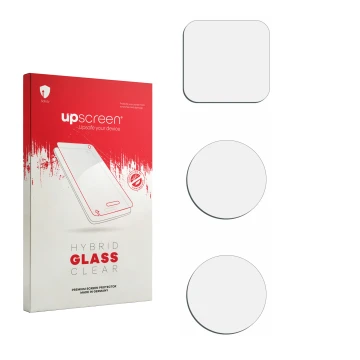 Parte frontal de un envase de producto con el logotipo de la marca upscreen. Al lado está el protector de pantalla correspondi