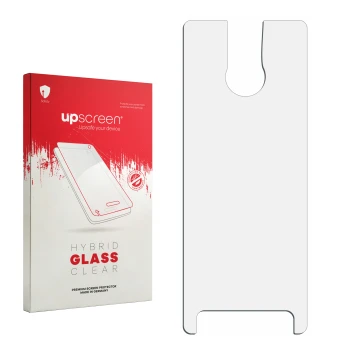 Parte frontal de un envase de producto con el logotipo de la marca upscreen. Al lado está el protector de pantalla correspondi