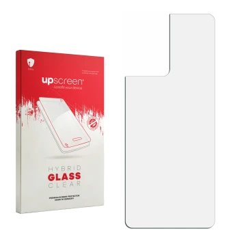 Parte frontal de un envase de producto con el logotipo de la marca upscreen. Al lado está el protector de pantalla correspondi