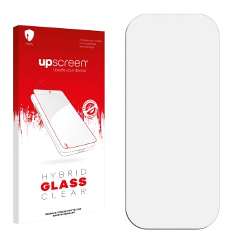 Parte frontal de un envase de producto con el logotipo de la marca upscreen. Al lado está el protector de pantalla correspondi