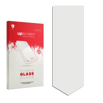 Parte frontal de un envase de producto con el logotipo de la marca upscreen. Al lado está el protector de pantalla correspondi