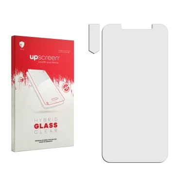 Parte frontal de un envase de producto con el logotipo de la marca upscreen. Al lado está el protector de pantalla correspondi