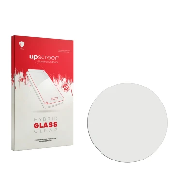 Parte frontal de un envase de producto con el logotipo de la marca upscreen. Al lado está el protector de pantalla correspondi