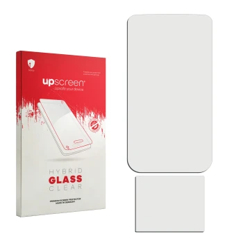 Parte frontal de un envase de producto con el logotipo de la marca upscreen. Al lado está el protector de pantalla correspondi