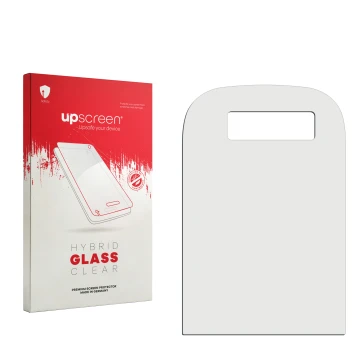 Parte frontal de un envase de producto con el logotipo de la marca upscreen. Al lado está el protector de pantalla correspondi