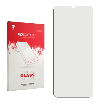 Parte frontal de un envase de producto con el logotipo de la marca upscreen. Al lado está el protector de pantalla correspondi