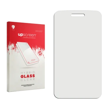 Parte frontal de un envase de producto con el logotipo de la marca upscreen. Al lado está el protector de pantalla correspondi