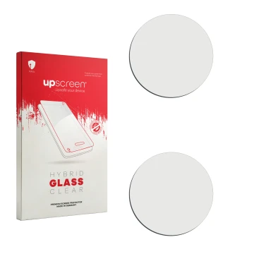 Parte frontal de un envase de producto con el logotipo de la marca upscreen. Al lado está el protector de pantalla correspondi