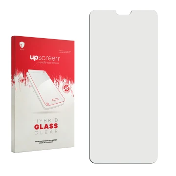 Parte frontal de un envase de producto con el logotipo de la marca upscreen. Al lado está el protector de pantalla correspondi