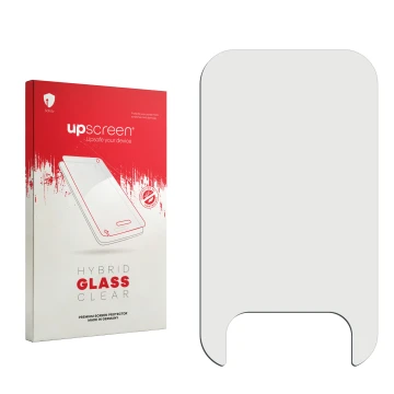 Parte frontal de un envase de producto con el logotipo de la marca upscreen. Al lado está el protector de pantalla correspondi