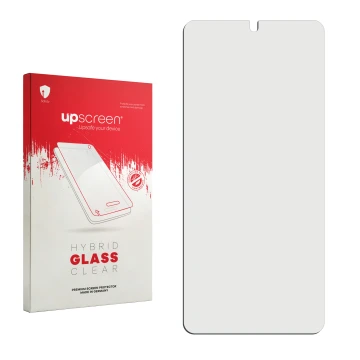 Parte frontal de un envase de producto con el logotipo de la marca upscreen. Al lado está el protector de pantalla correspondi