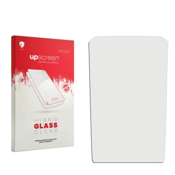 Parte frontal de un envase de producto con el logotipo de la marca upscreen. Al lado está el protector de pantalla correspondi