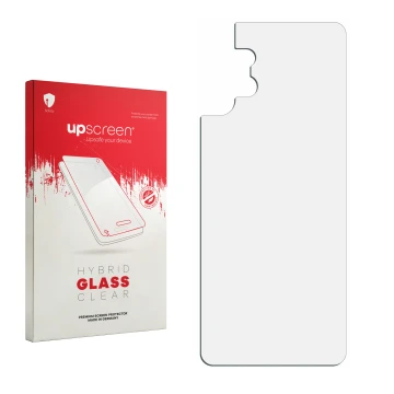 Parte frontal de un envase de producto con el logotipo de la marca upscreen. Al lado está el protector de pantalla correspondi