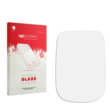 Parte frontal de un envase de producto con el logotipo de la marca upscreen. Al lado está el protector de pantalla correspondi