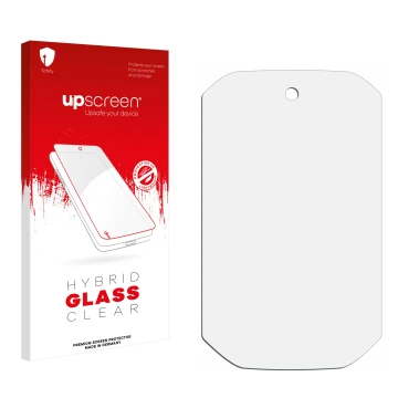 Parte frontal de un envase de producto con el logotipo de la marca upscreen. Al lado está el protector de pantalla correspondi