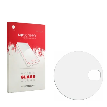 Parte frontal de un envase de producto con el logotipo de la marca upscreen. Al lado está el protector de pantalla correspondi