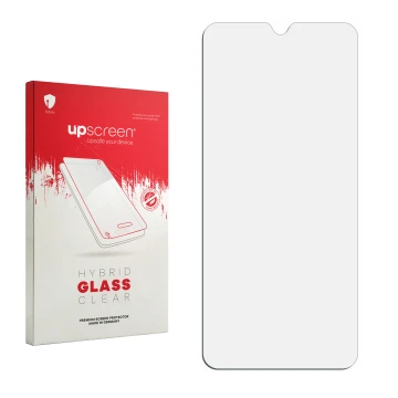 Parte frontal de un envase de producto con el logotipo de la marca upscreen. Al lado está el protector de pantalla correspondi