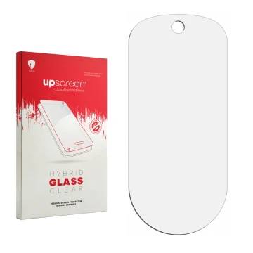 Parte frontal de un envase de producto con el logotipo de la marca upscreen. Al lado está el protector de pantalla correspondi