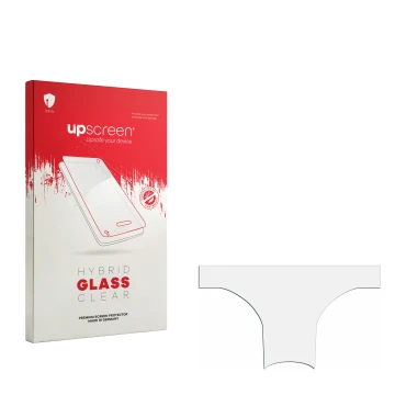 Parte frontal de un envase de producto con el logotipo de la marca upscreen. Al lado está el protector de pantalla correspondi