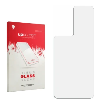 Parte frontal de un envase de producto con el logotipo de la marca upscreen. Al lado está el protector de pantalla correspondi